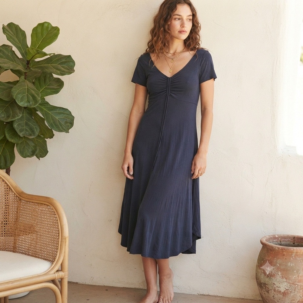 Sozy Womens Dress Large Navy Blue Ruched Front V-Neck Short Sleeve Casual Boho